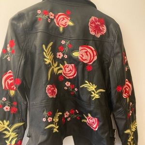 Festival floral embroidery faux leather jacket